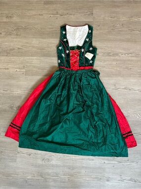 Vintage Brigitte Kinder-Trachten Velvet Green with Red Festive Drindl Dress